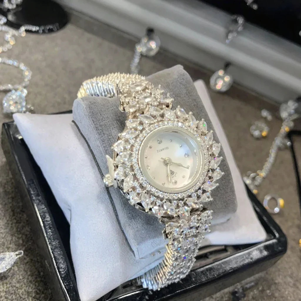 Elegant Zircon Quartz Women's Watch with LED & Steel Band