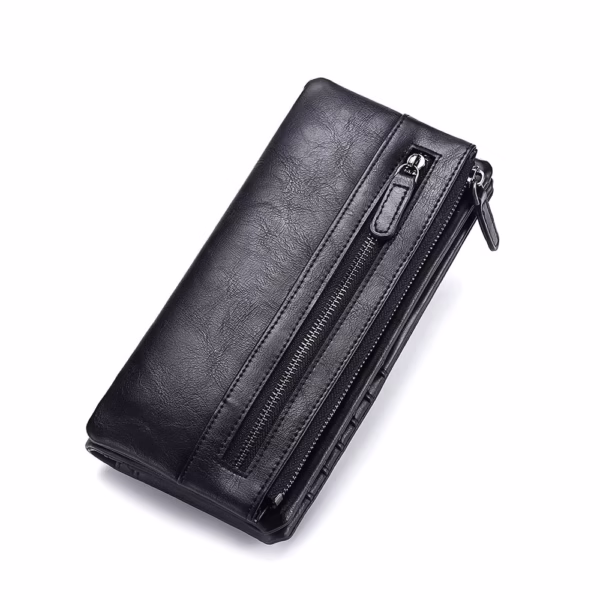 Zipper Black Long Pu Leather Wallet With Wrise Handle For Men Purse